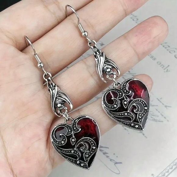 Elegant Silver and Red Heart Earrings - Picture 4 of 6